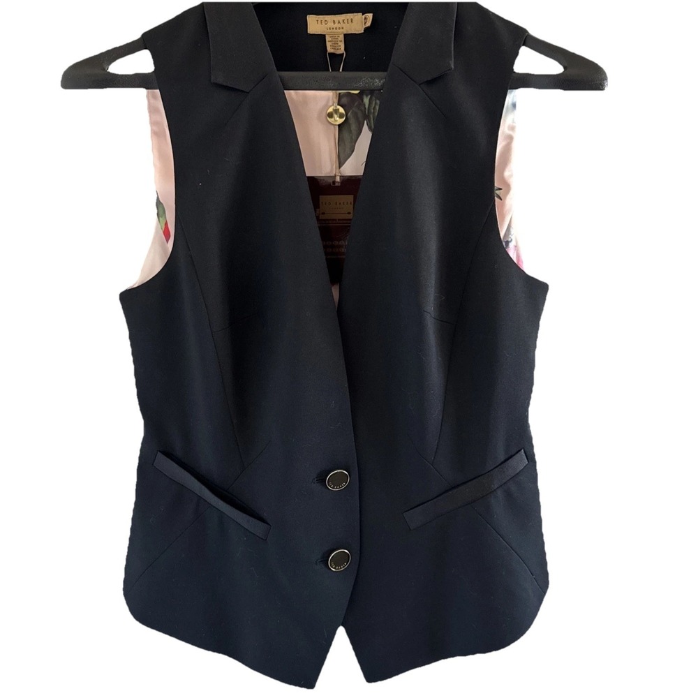 NWT Ted Baker London Button Down Vest Women Sz 2 Satin Floral Back Tux Collar